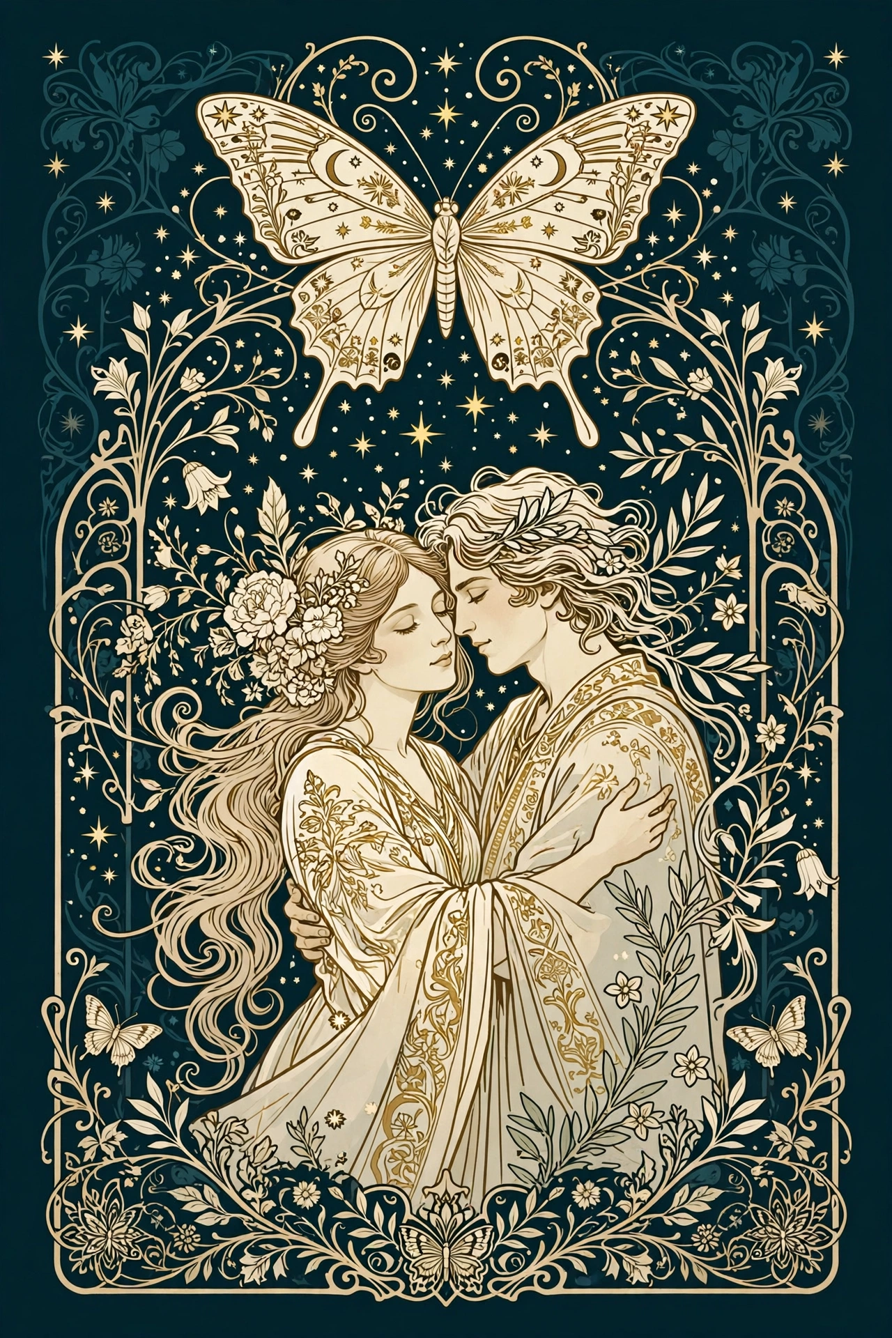 Art Nouveau illustration: butterfly and starlight lovers, variant composition, teal and gold