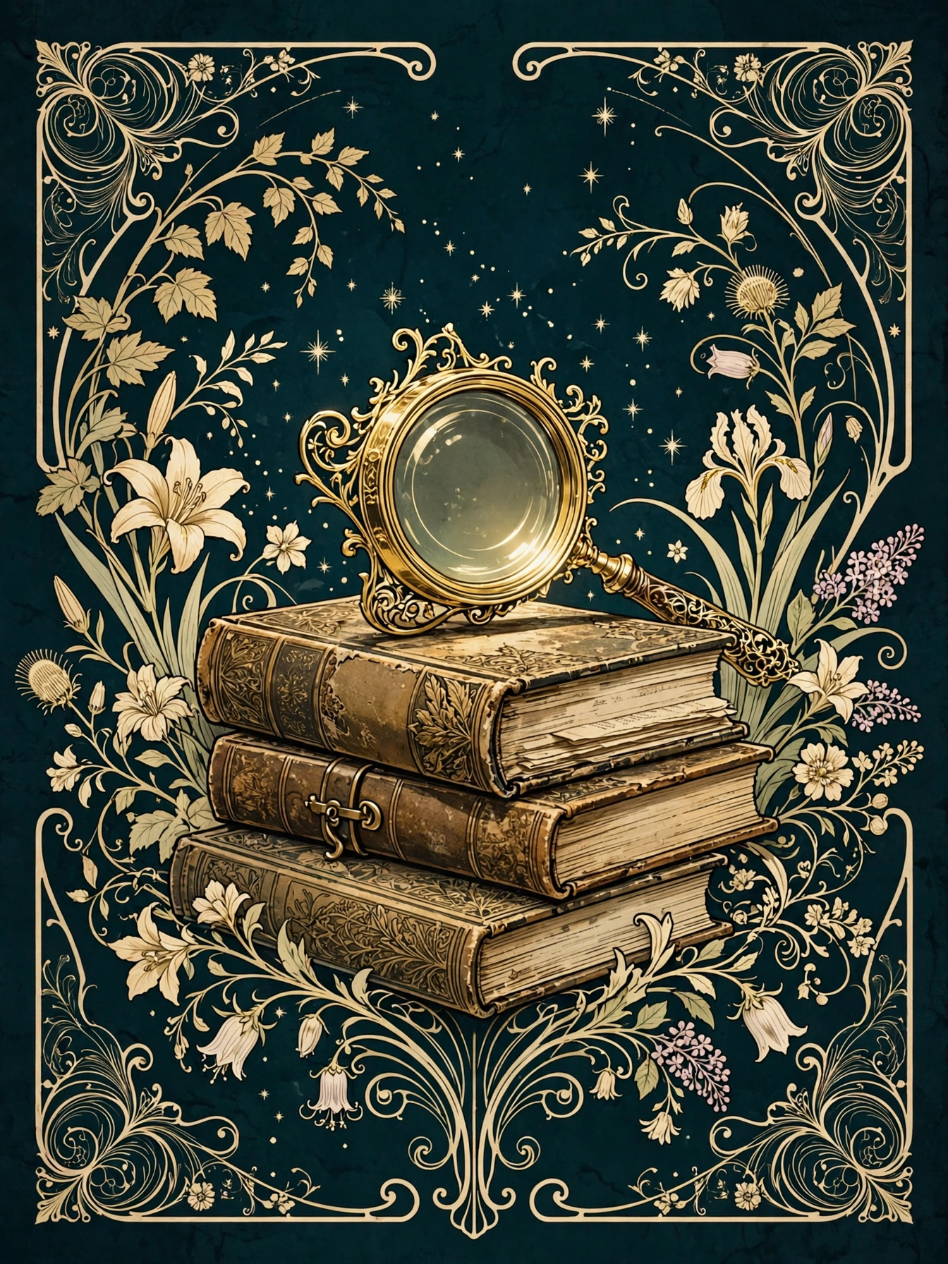 Art Nouveau illustration: antique books with magnifier and stars, teal and gold