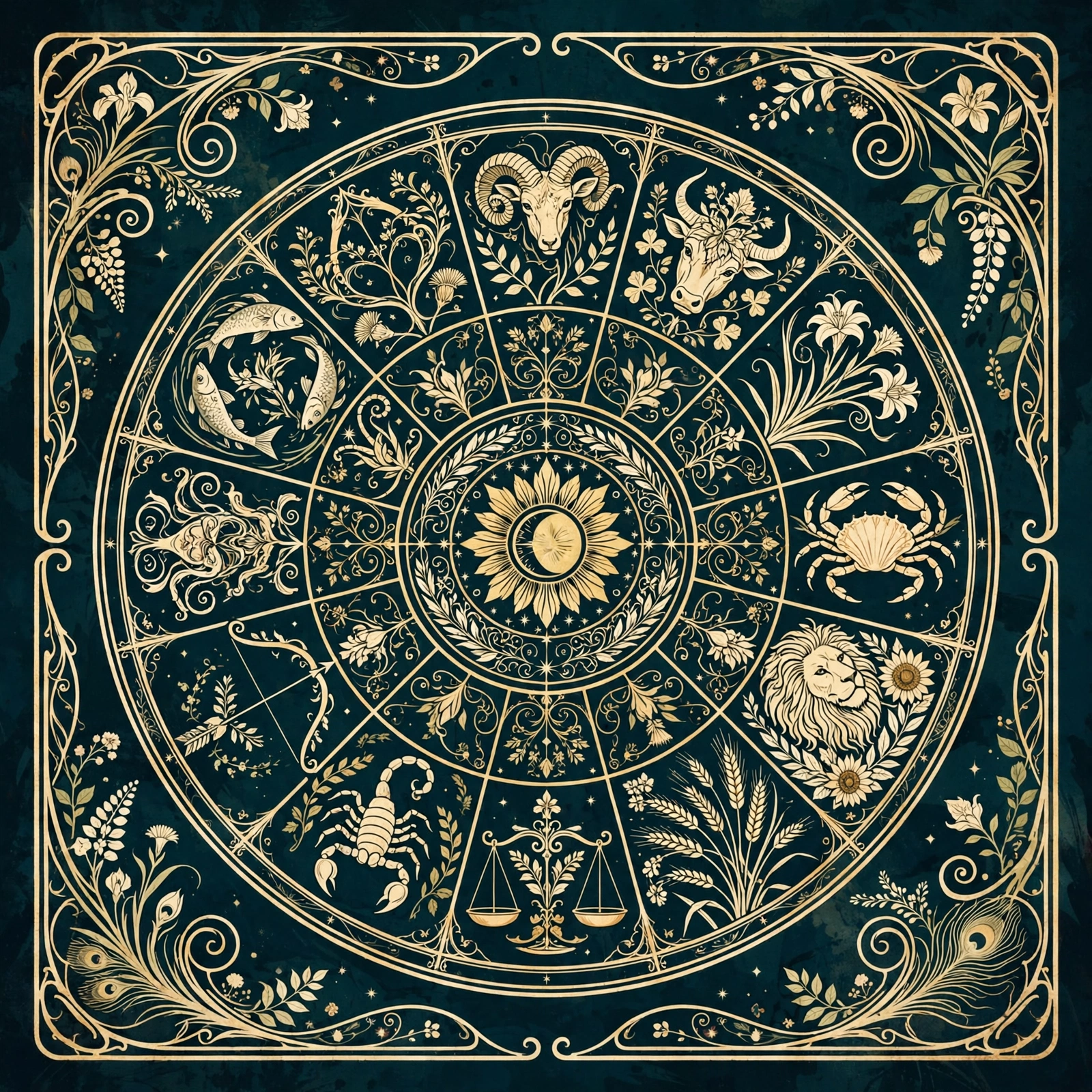 Art Nouveau illustration: ornamental whole-sign house wheel, teal and gold