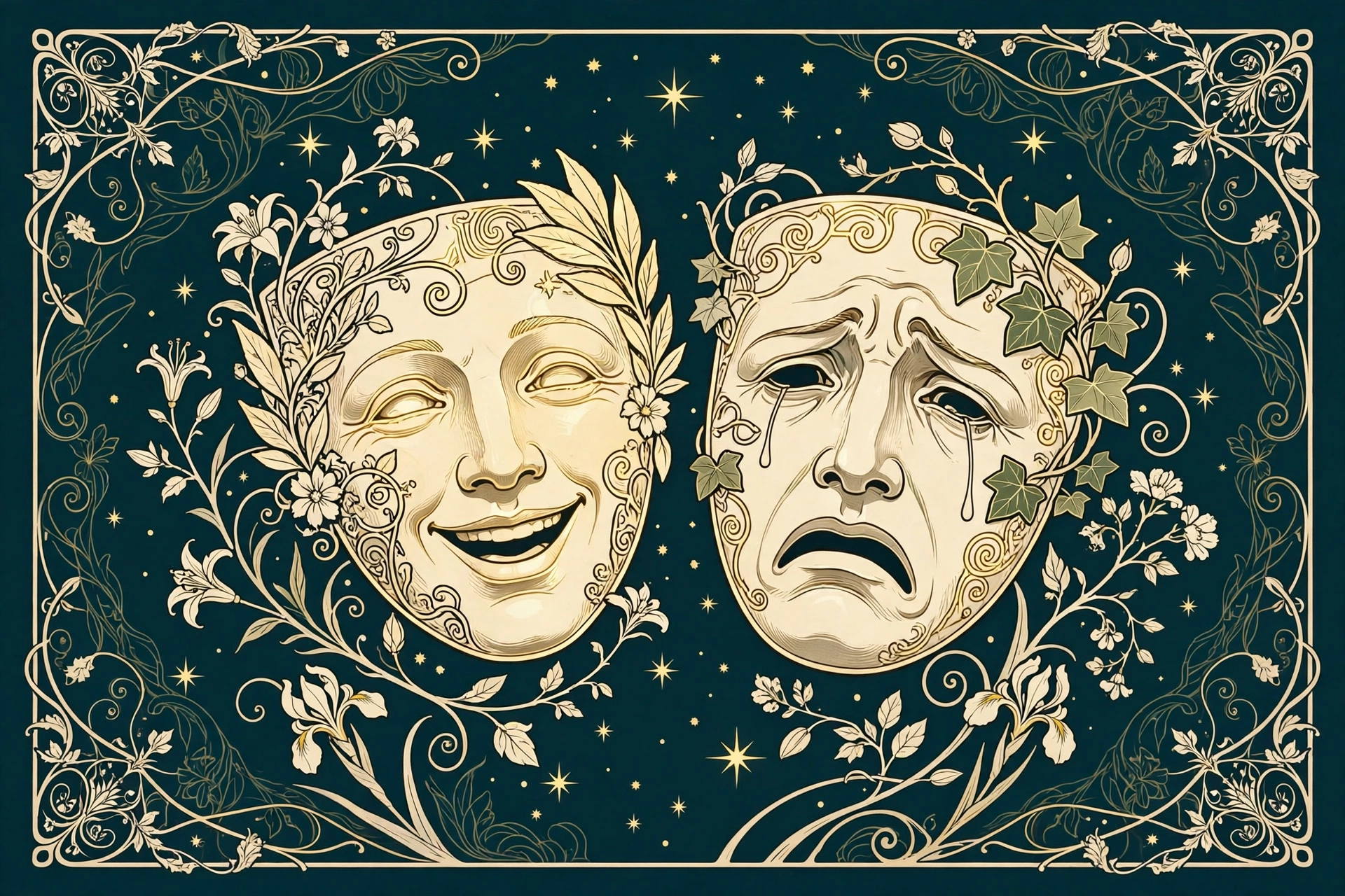 Art Nouveau illustration: two theatrical masks among scattered stars, teal and gold
