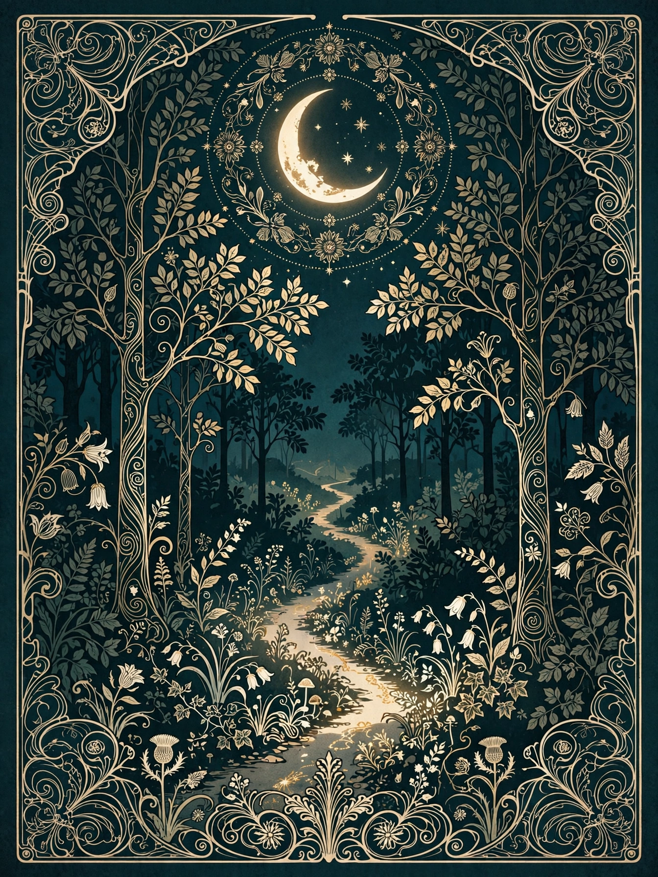 Art Nouveau illustration: moonlit path through dark trees, teal and gold