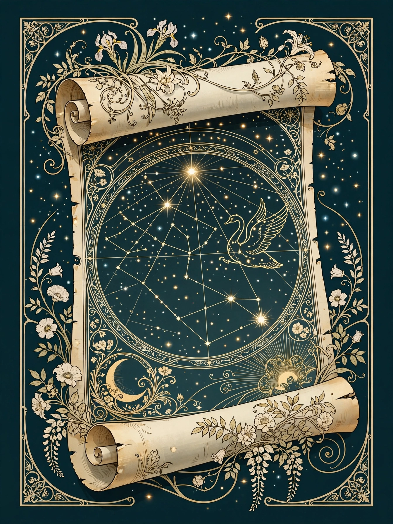 Art Nouveau illustration: celestial chart unfurling like a scroll under summer stars, teal and gold