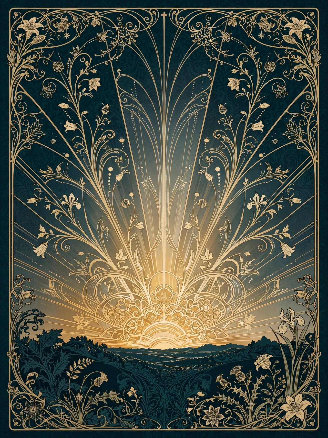 Art Nouveau illustration: sunrise breaking over a dark horizon, teal and gold