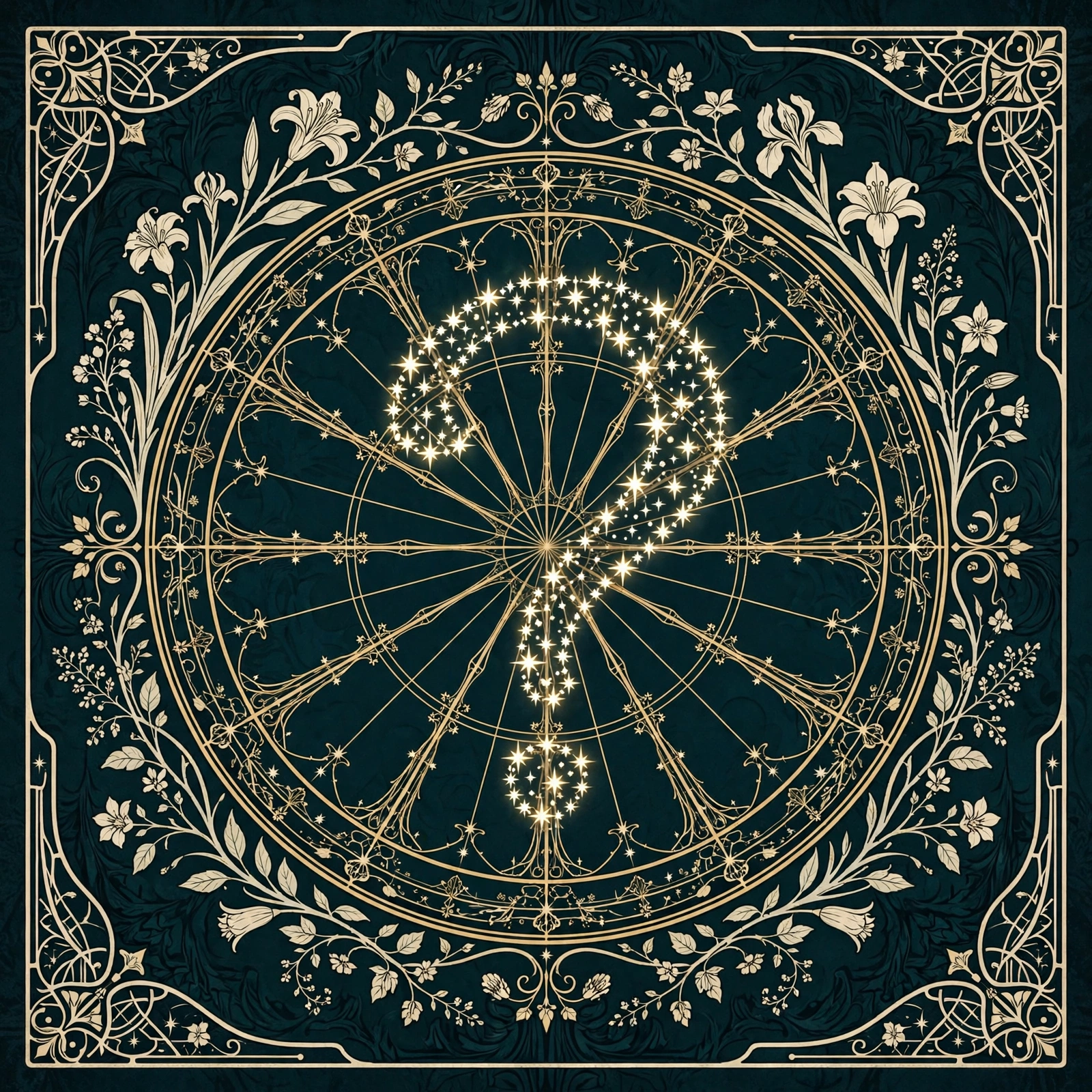 Art Nouveau illustration: horary chart with a question mark formed by stars, teal and gold