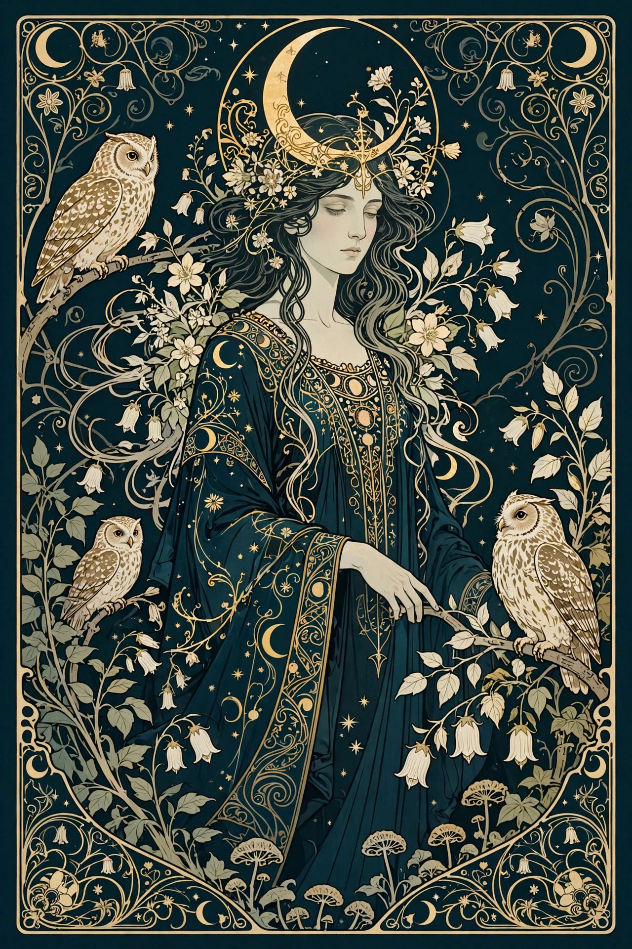 Art Nouveau illustration: dark moon goddess in a night garden with owls, teal and gold