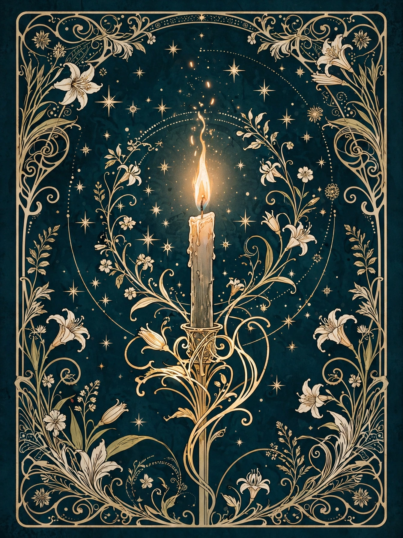 Art Nouveau illustration: single candle flame among stars, teal and gold
