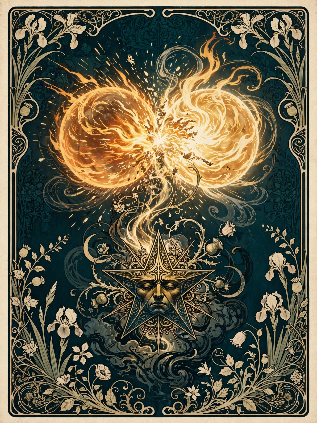 Art Nouveau illustration: two blazing orbs colliding above a baleful star, teal and gold