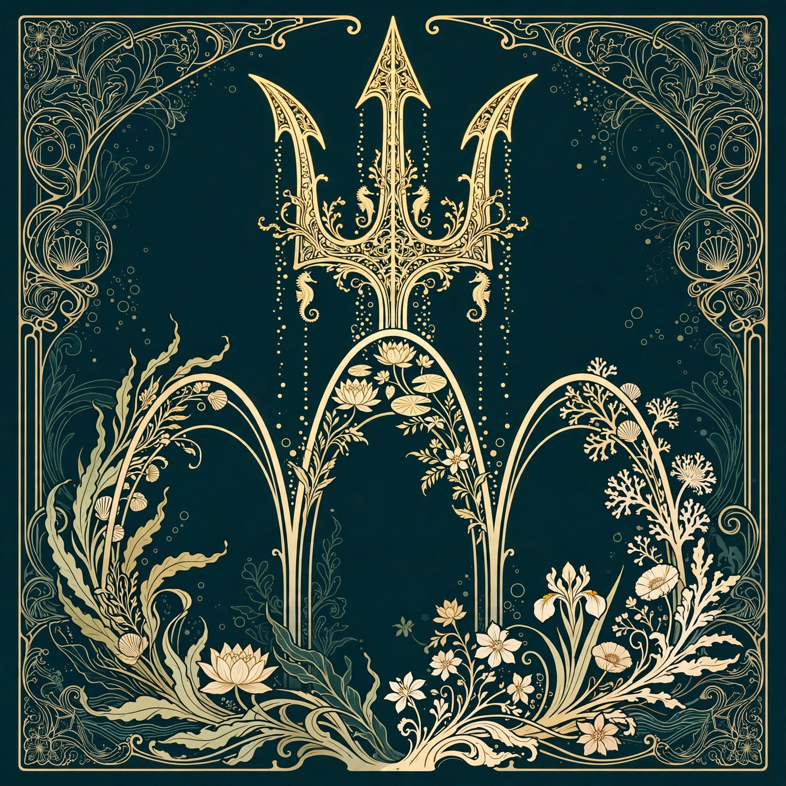 Art Nouveau illustration: Neptune's trident over three rising house cusps, teal and gold