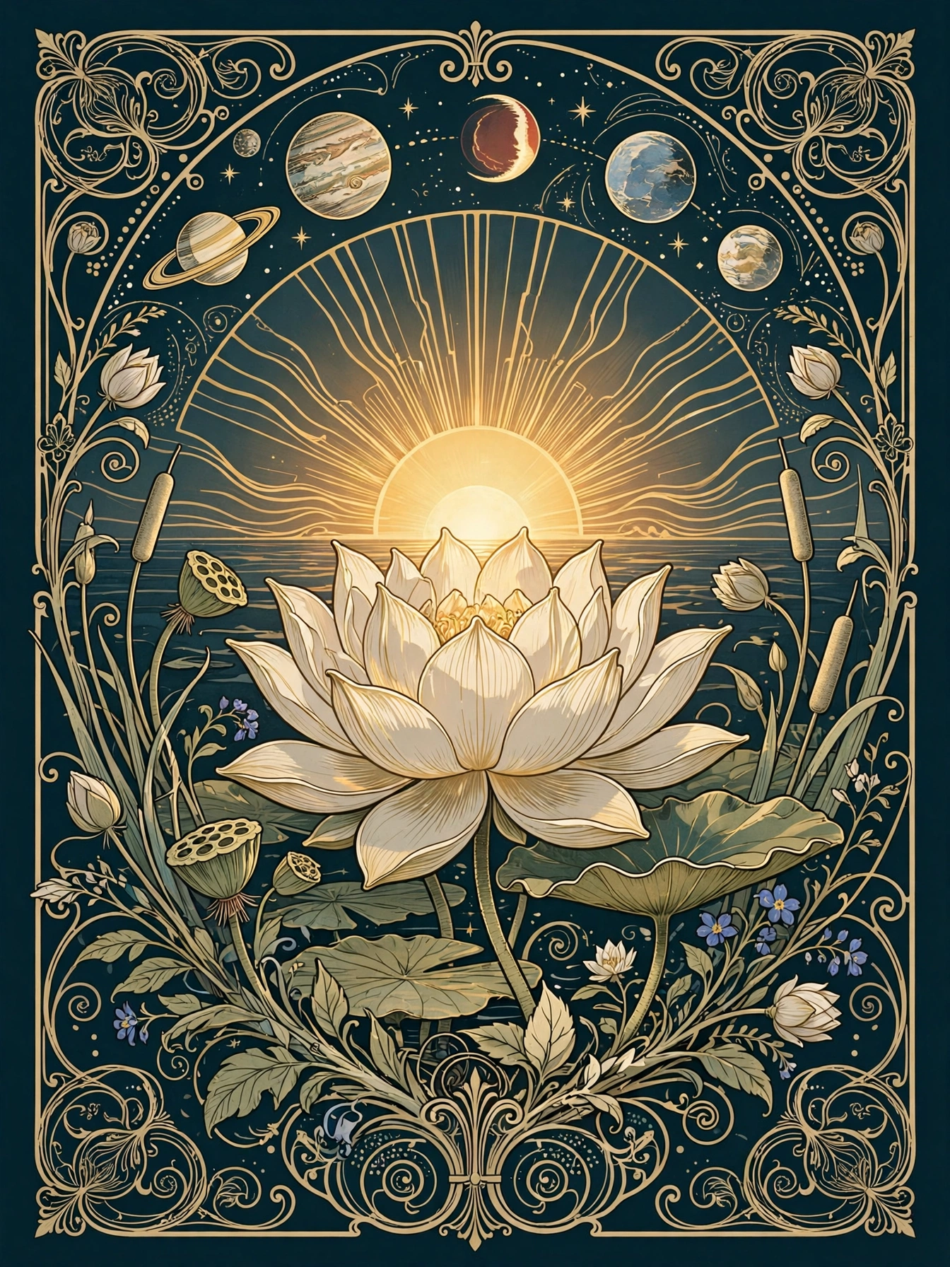 Art Nouveau illustration: sunrise over a blooming lotus with planets, teal and gold