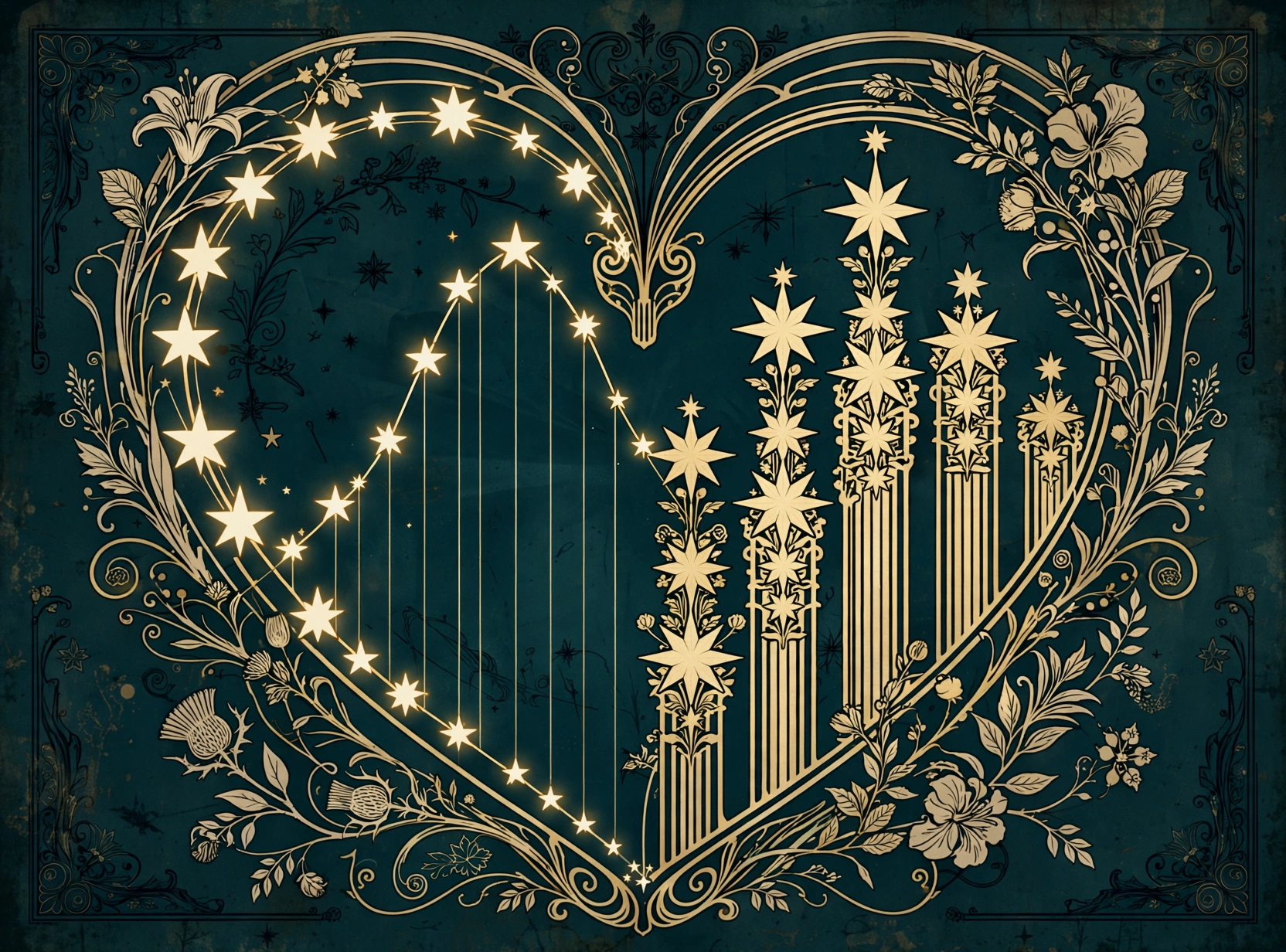 Art Nouveau illustration: two overlapping charts forming a heart of stars, teal and gold