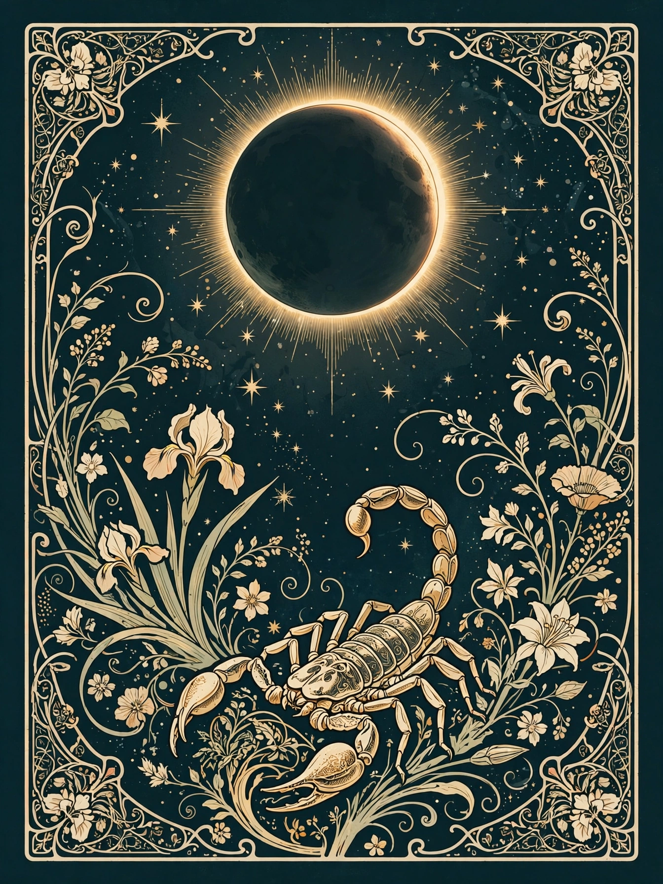 Art Nouveau illustration: lunar eclipse with a scorpion among stars, teal and gold
