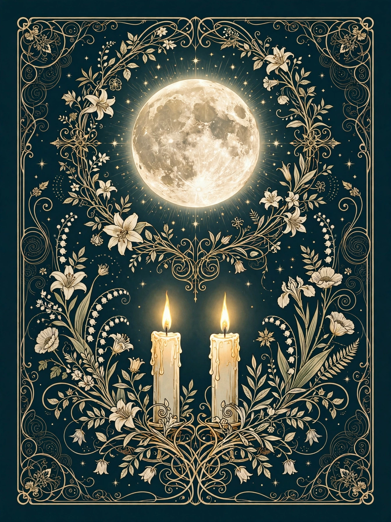 Art Nouveau illustration: two glowing candles under one moon, teal and gold