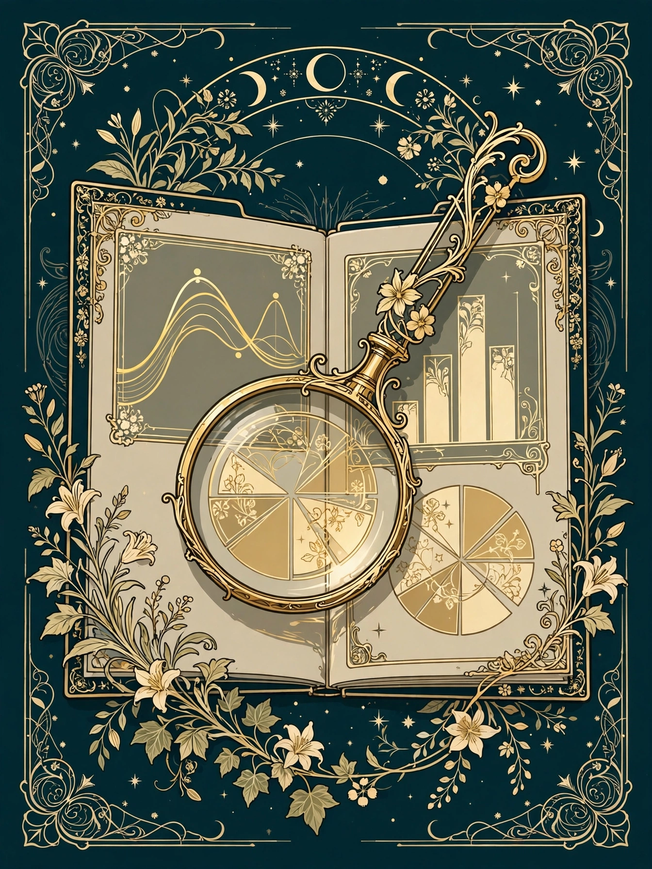 Art Nouveau illustration: magnifier over an open case file of charts, teal and gold