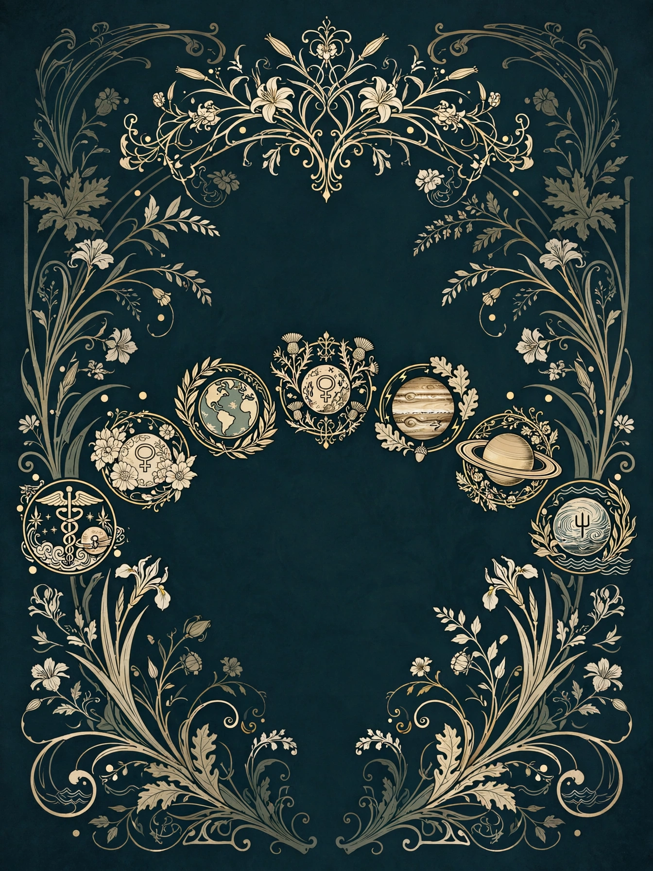 Art Nouveau illustration: seven small planetary medallions in an arc, teal and gold