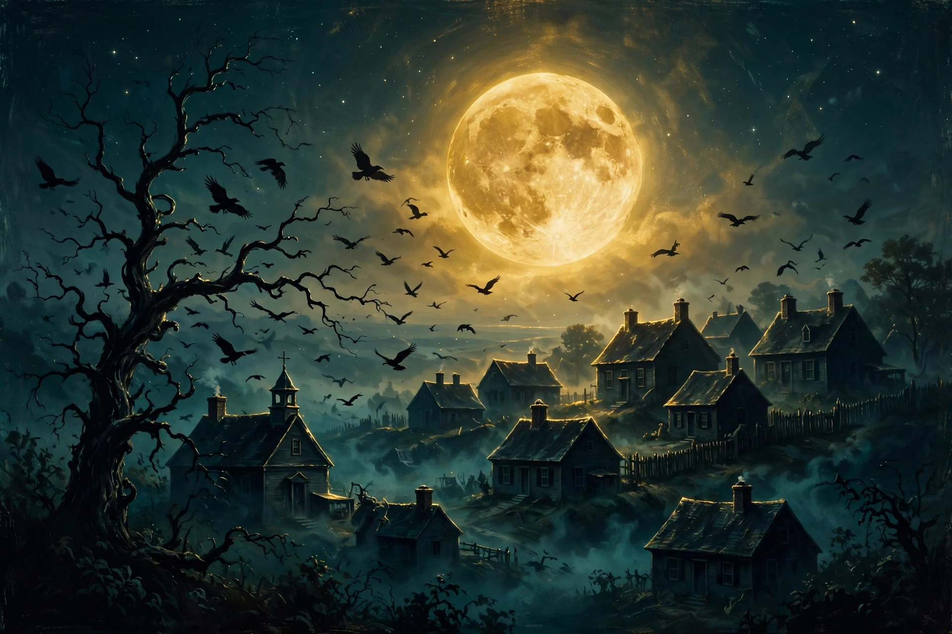 Full moon over a colonial New England village at night with crows and a bare twisted tree, in dark teal and gold — Halloween artwork for the Sarah Good and Salem witch trials article.